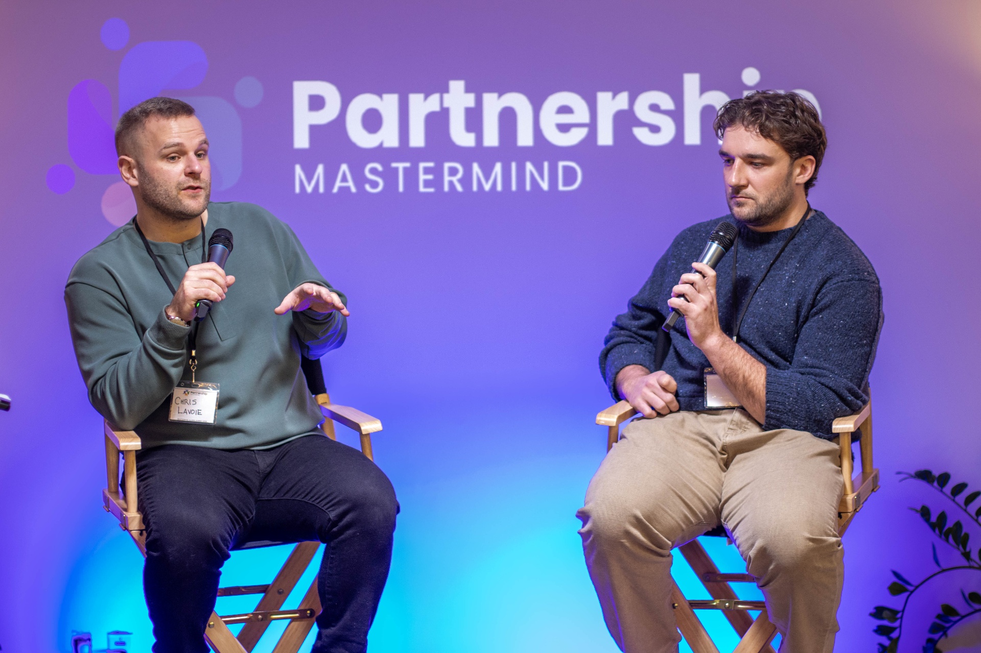 Partnership Mastermind fireside conversation on stage at the Startwell gathering